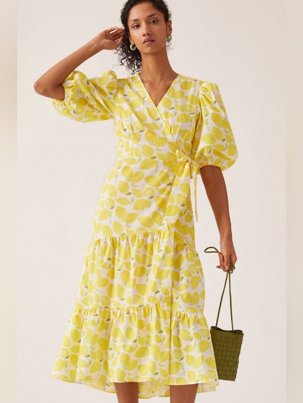 Anthropologie Hutch Tiered Wrap Midi Dress Lemon Print Puff Sleeve Dress